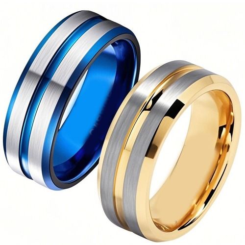 ****COI Titanium Gold Tone/Blue Silver Center Groove Beveled Edges RIng-02165A