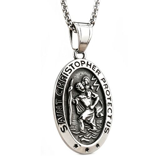 ****COI Titanium Black Silver Saint Christopher Protect Us Pendant-02169A
