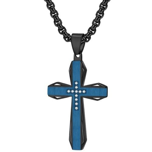 ****COI Titanium Black Silver/Gold Tone Silver/Black Blue Cross Pendant With Cubic Zirconia-02172A