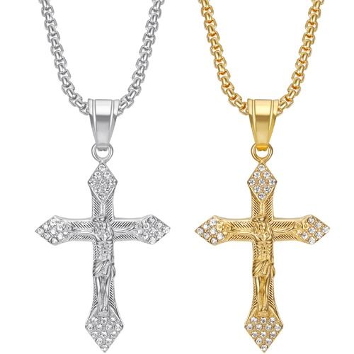 ****COI Titanium Gold Tone/Silver Jesus Cross Pendant With Cubic Zirconia-02174A