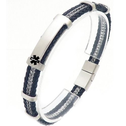 ****COI Titanium Silver Black/Gold Tone/Silver Medical Alert Genuine Leather Bracelet With Steel Clasp(Length: 8.07 inches)-02181A