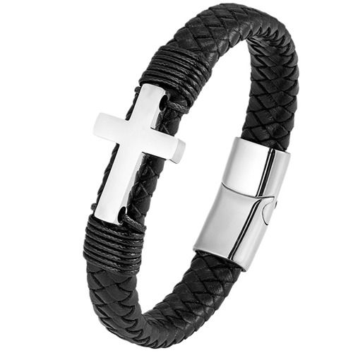 ****COI Titanium Black/Gold Tone/Silver Cross Genuine Leather Bracelet With Steel Clasp(Length: 8.27 inches)-02183A