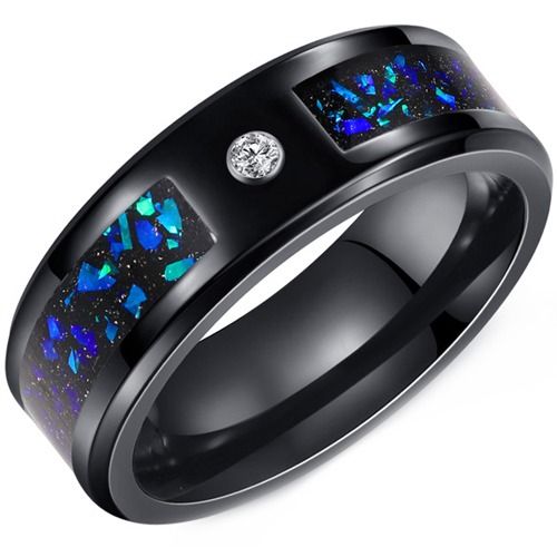 ****COI Black Tungsten Carbide Cubic Zirconia Ring With Meteorite & Crushed Opal-02185A