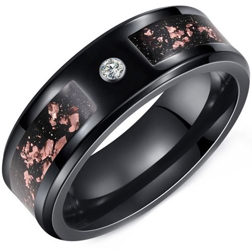 ****COI Black Tungsten Carbide Cubic Zirconia Ring With Meteorite & Rose Gold Foil-02188A