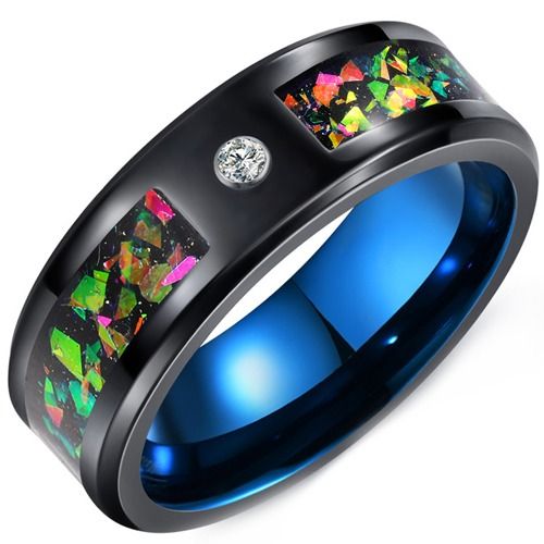 ****COI Tungsten Carbide Black Blue Cubic Zirconia Ring With Meteorite & Crushed Opal-02189A