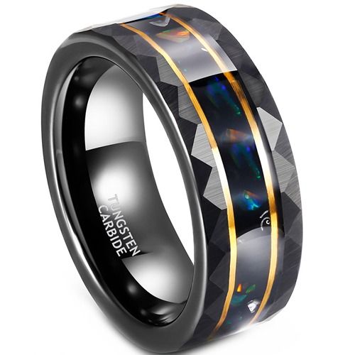 ****COI Tungsten Carbide Black Gold Tone Double Grooves Faceted Ring With Abalone Shell-02190A
