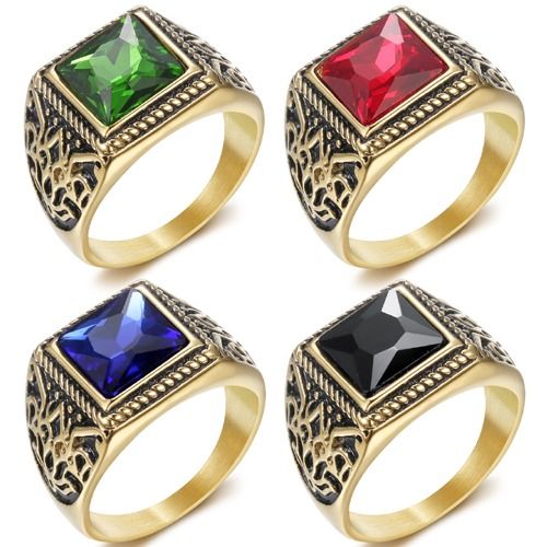 ****COI Titanium Black Gold Tone Ring With Black Onyx/Created Red Ruby/Green Emerald/Blue Sapphire-02214AA