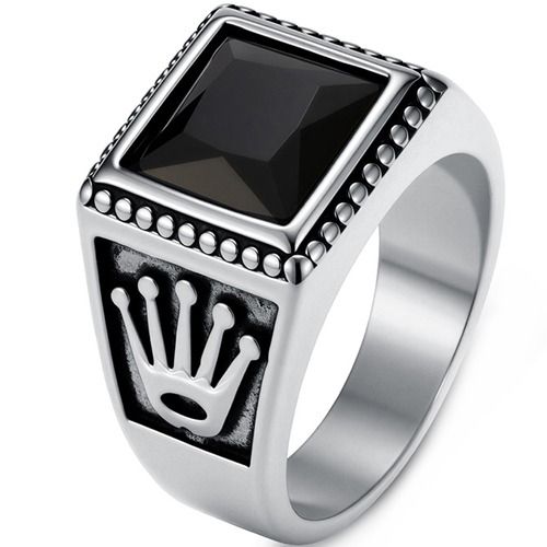 ****COI Titanium Gold Tone/Silver Crown Ring With Black Onyx-02217A