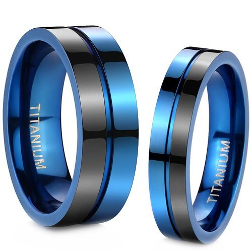 ****COI Titanium Black Blue Center Groove Ring-02222A