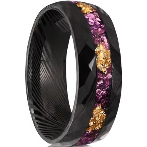 ****COI Black Tungsten Carbide Faceted Damascus Ring With Purple Amethyst & Gold Foil-02236A