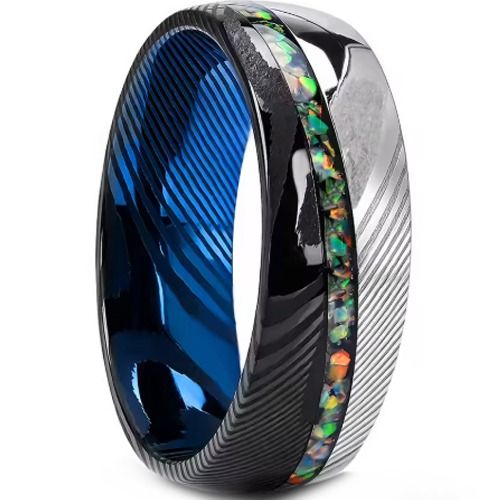 ****COI Tungsten Carbide Black Blue Silver Damascus Ring With Crushed Opal-02238A