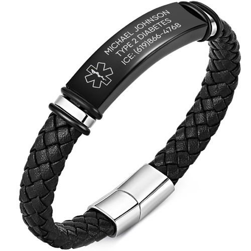 ****COI Titanium Black/Silver Medical Alert Genuine Leather Bracelet With Steel Clasp(Length: 8.27 inches)-02248A