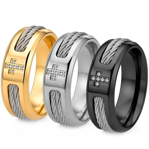 ****COI Titanium Black/Silver/Gold Tone Wire & Cross Ring With Cubic Zirconia-02253A