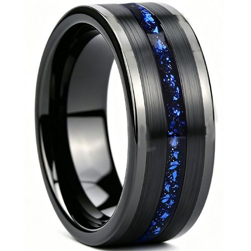 ****COI Black Tungsten Carbide Ring With Meteorite & Created Blue Sapphire-02261A