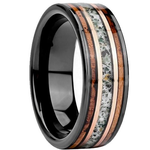 ****COI Tungsten Carbide Black Gold Tone Ring With Deer Antler & Koa Wood-02263A