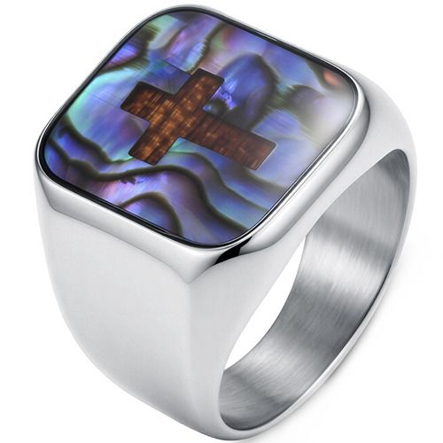 ****COI Titanium Black/Gold Tone/Silver Cross Ring With Abalone Shell & Koa Wood-02268A
