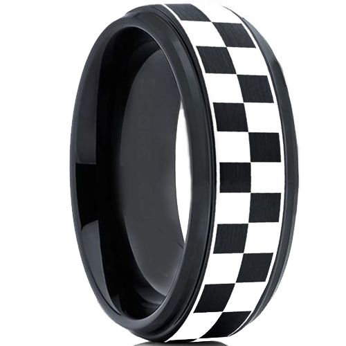 *COI Tungsten Carbide Black Silver Checkered Flag Ring-TG2136