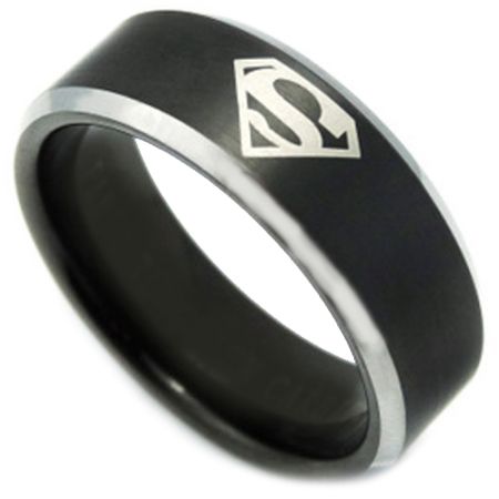 *COI Titanium Black Silver Super Man Beveled Edges Ring - 3459