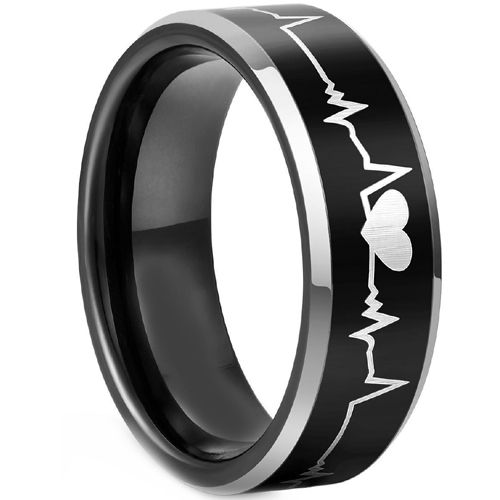 *COI Titanium Black Silver Heartbeat Beveled Edges Ring - JT3503