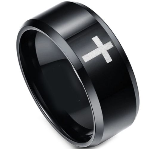 **COI Black Titanium Cross Beveled Edges Ring - 3537