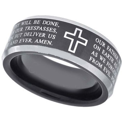 *COI Titanium Black Silver Cross Scripture Ring-3080