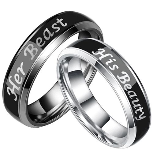 COI Tungsten Carbide Black Silver Her Beast His Beauty Beveled Edges Ring-5440