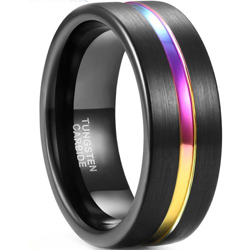 **COI Black Tungsten Carbide Rainbow Color Center Groove Ring-5471