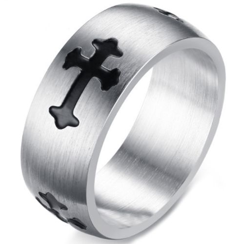 *COI Titanium Black Silver Cross Dome Court Ring-5694