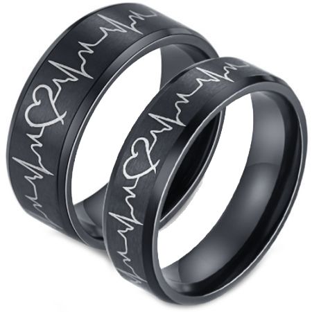 *COI Black Tungsten Carbide Heartbeat & Heart Beveled Edges Ring-5874