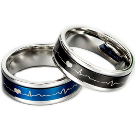 **COI Titanium Silver Blue/Black Heartbeat & Heart Ring-5887