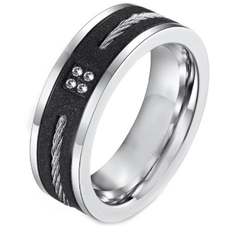 *COI Titanium Black Silver Sandblasted Wire Ring With Cubic Zirconia-6874