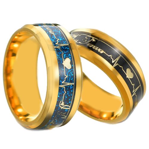 **COI Titanium Gold Tone Black/Blue Love you Forever Heartbeat Beveled Edges Ring-6948