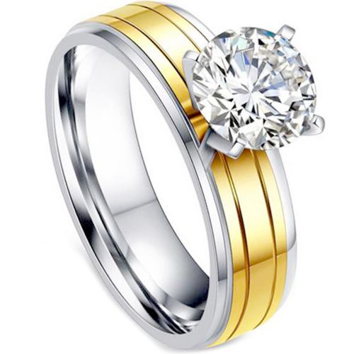 **COI Titanium Gold Tone Silver Solitaire Ring With Cubic Zirconia-7005