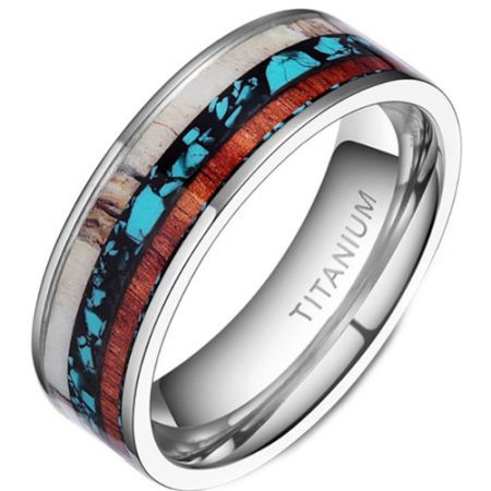 **COI Titanium Deer Antler Turquoise & Wood Pipe Cut Flat Ring-7015