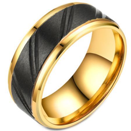 **COI Titanium Black Gold Tone Diagonal Grooves Step Edges Ring-7023