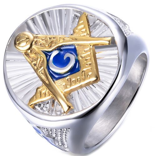 **COI Titanium Gold Tone Blue Masonic Freemason Ring-7024