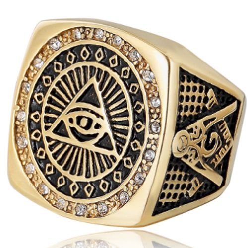 **COI Titanium Gold Tone Black Masonic Freemason Ring With Cubic Zirconia-7087BB