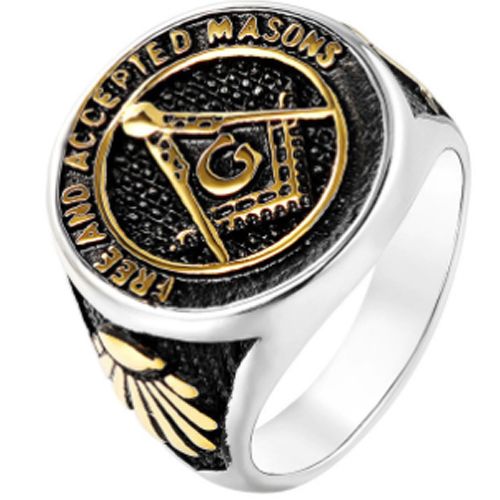 **COI Titanium Gold Tone Black Silver Masonic Freemason Ring-7091BB