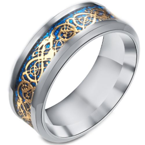 **COI Titanium Gold Tone Dragon Blue Meteorite Beveled Edges Ring-7147