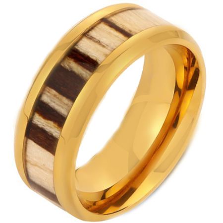 **COI Gold Tone/Black/Silver Titanium Beveled Edges Ring With Zebra Wood-7161BB