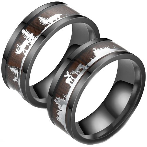 **COI Black Titanium Hunting Scene Pipe Cut Flat Ring With Wood-7214
