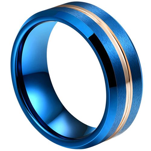 **COI Tungsten Carbide Blue Rose Center Groove Beveled Edges Ring-7320AA