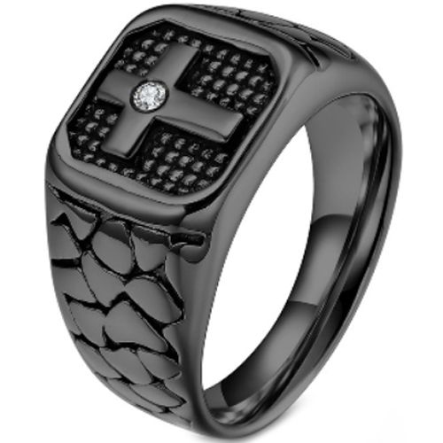 **COI Titanium Black/Silver Cross Ring With Cubic Zirconia-7393