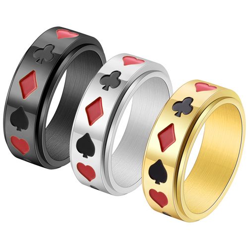 **COI Titanium Black/Gold Tone/Silver Heart Spade Diamond & Club Playing Card Symbols Ring-7432