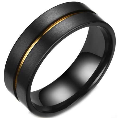 **COI Tungsten Carbide Black Gold Tone Center Groove Pipe Cut Flat Ring-7567