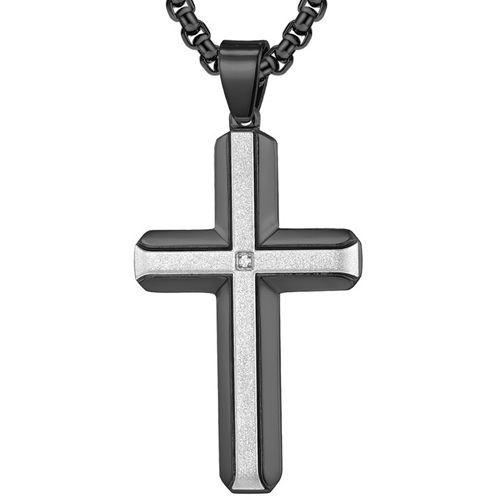 COI Titanium Silver/Black Silver/Gold Tone Silver Cross Pendant With Cubic Zirconia-7680