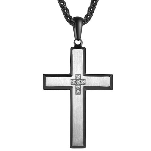 COI Titanium Black Silver Cross Pendant With Cubic Zirconia-7690