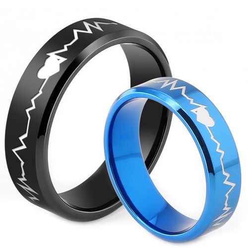 **COI Titanium Black/Blue Heartbeat & Heart Beveled Edges Ring-7766