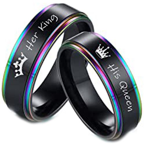 **COI Black Titanium Rainbow Color Her King His Queen Crown Step Edges Ring-7811