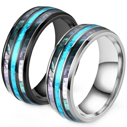 **COI Titanium Black/Silver Abalone Shell & Turquoise Dome Court Ring-7893
